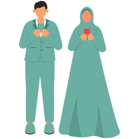 Muslimische Braut und Bräutigam machen Foto mit Heiratsurkunde  Illustration