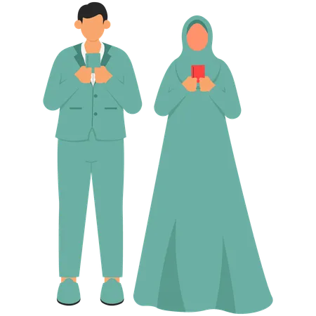 Muslimische Braut und Bräutigam machen Foto mit Heiratsurkunde  Illustration