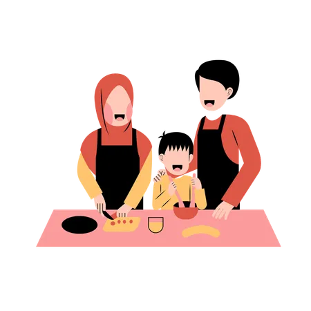 Muslimische Eltern kochen mit Sohn in der Küche  Illustration