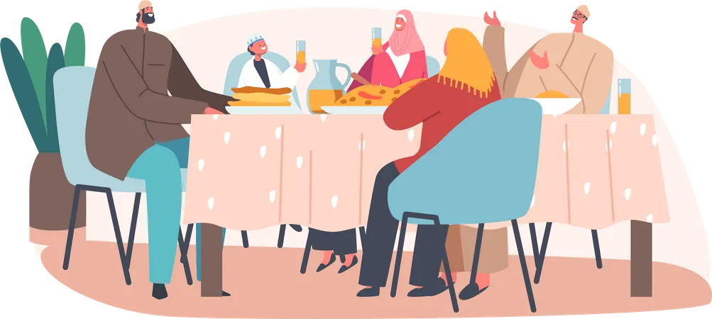 Muslimische Familie isst Abendessen am Ramadan  Illustration