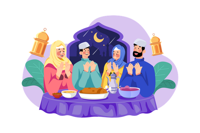 Muslimische Familie beim Eid-Gebet  Illustration