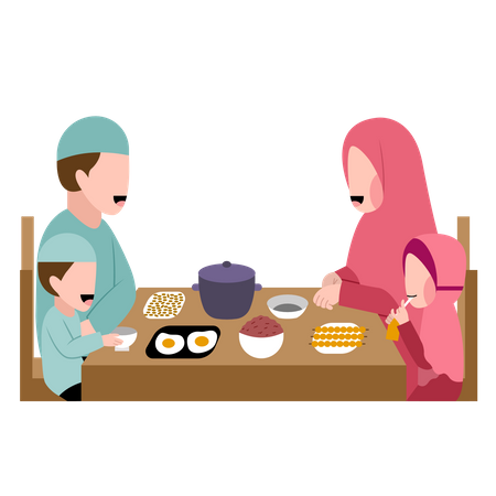 Muslimische Familie beim gemeinsamen Abendessen  Illustration