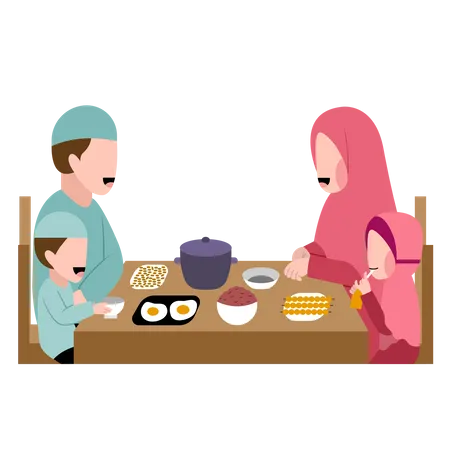 Muslimische Familie beim gemeinsamen Abendessen  Illustration