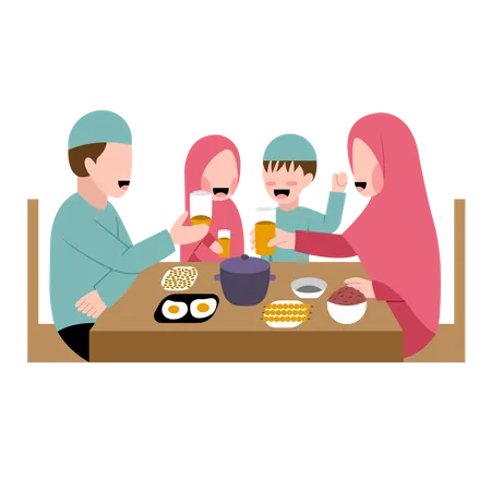 Muslimische Familie beim gemeinsamen Abendessen  Illustration