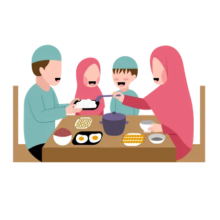 Muslimische Familie beim gemeinsamen Abendessen  Illustration