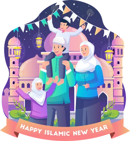 Muslimische Familie feiert islamisches Neujahr  Illustration