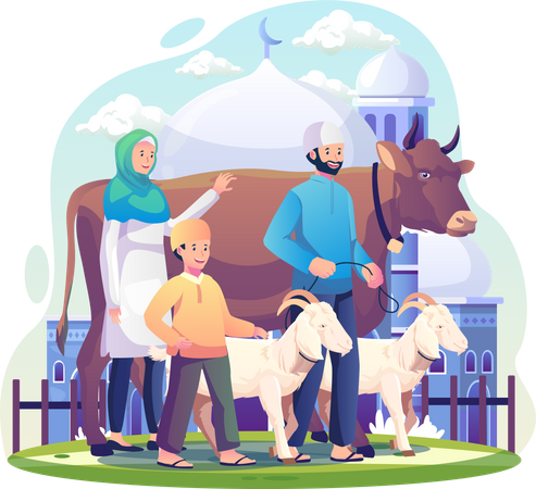Muslimische Familie feiert mit ihren Tieren das Opferfest Eid al-Adha  Illustration