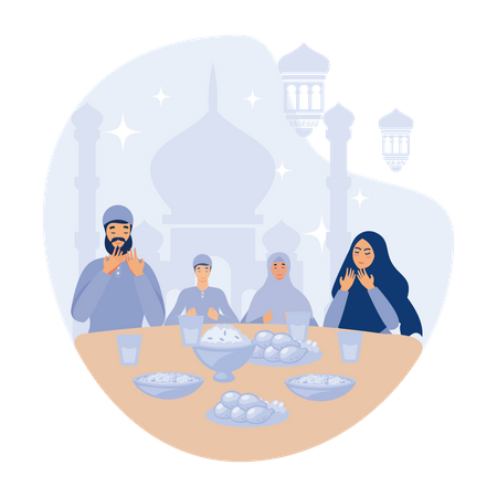 Muslimische Familie genießt gemeinsam das Iftar des Ramadan Kareem Mubarak während des Fastens mit einer Mahlzeit  Illustration