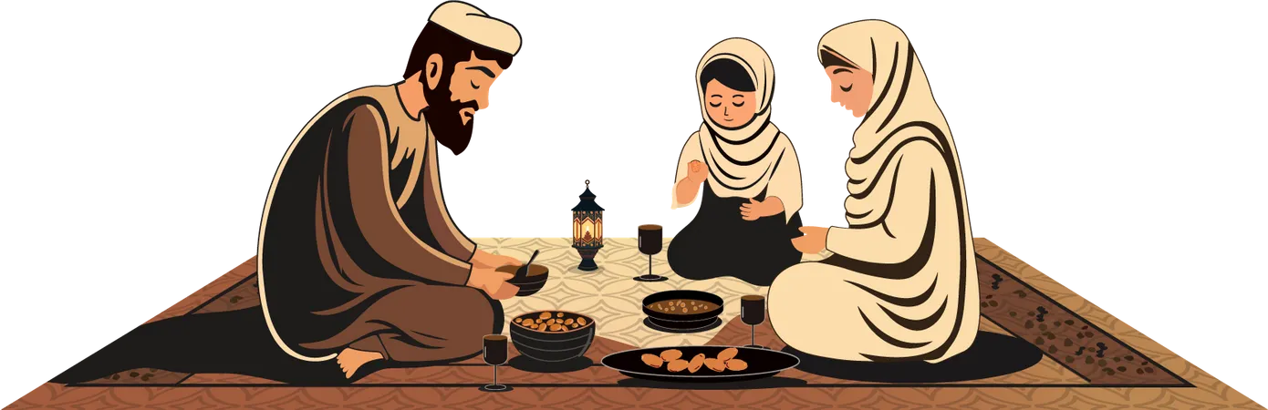 Muslimische Familie mit köstlichen Mahlzeiten  Illustration