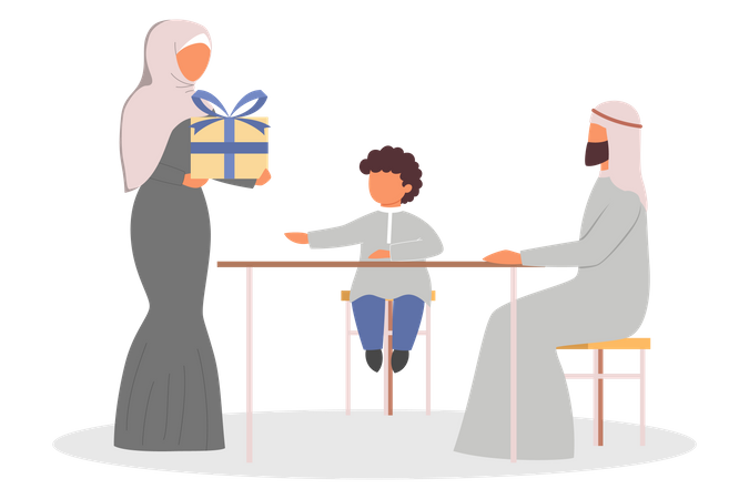 Muslimische Familie verteilt Geschenke  Illustration