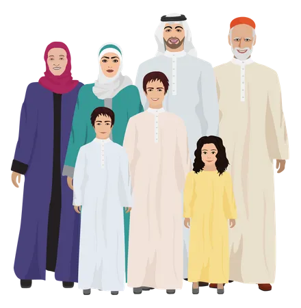 Muslimische Familie in traditioneller Kleidung  Illustration