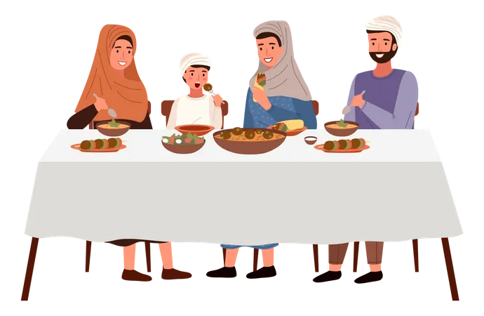 Muslimische Familie isst zusammen am Tisch  Illustration