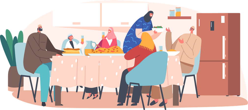 Muslimische Familie isst Iftar zusammen am Tisch  Illustration