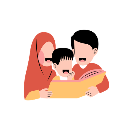 Muslimische Familie liest gemeinsam Buch  Illustration