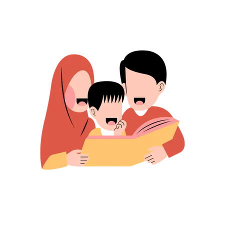 Muslimische Familie liest gemeinsam Buch  Illustration