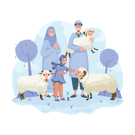 Muslimische Familie mit ihren Schafen  Illustration