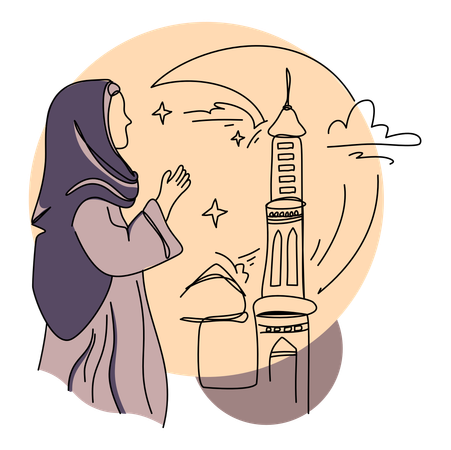 Muslimische Frau betet in der Nähe einer Moschee  Illustration