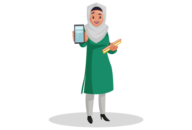 Muslimische Frau hält Bücher in der Hand und zeigt das Mobiltelefon  Illustration