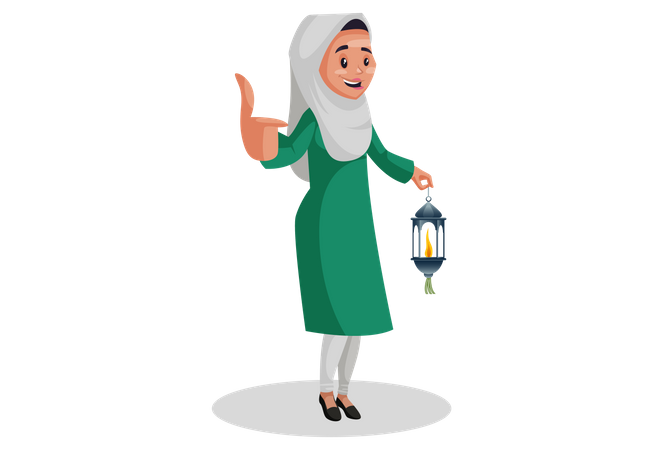 Muslimische Frau hält die Laterne in der Hand und zeigt Daumen hoch  Illustration
