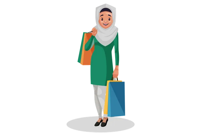 Muslimische Frau hält Einkaufstüten in beiden Händen  Illustration