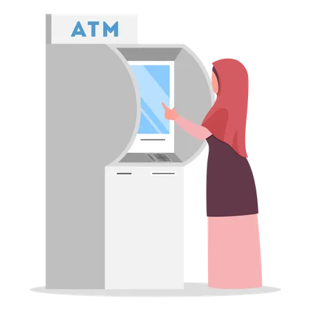 Muslimische Frau hebt Bargeld am Geldautomaten ab  Illustration