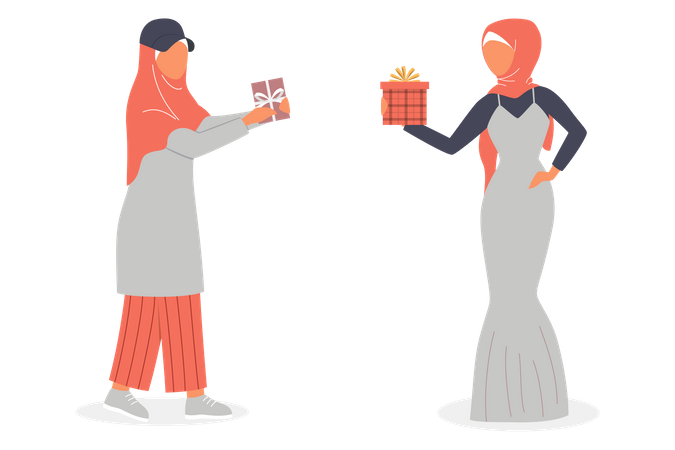 Muslimische Frauen verteilen Geschenke untereinander  Illustration