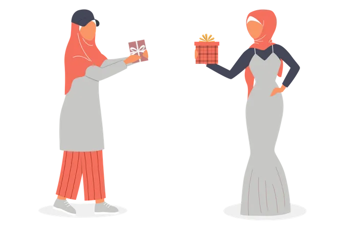 Muslimische Frauen verteilen Geschenke untereinander  Illustration