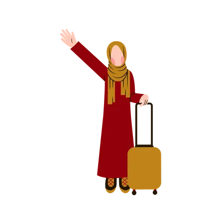 Muslimische Frau sagt Hallo, während sie Rucksack hält  Illustration