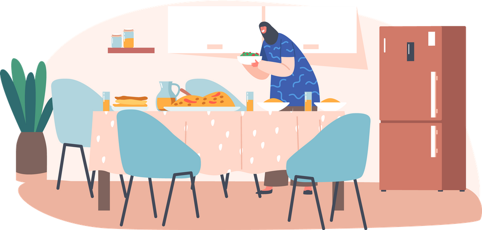 Muslimische Frau serviert Abendessen am Tisch  Illustration