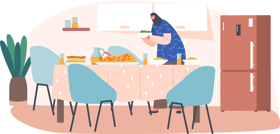 Muslimische Frau serviert Abendessen am Tisch  Illustration