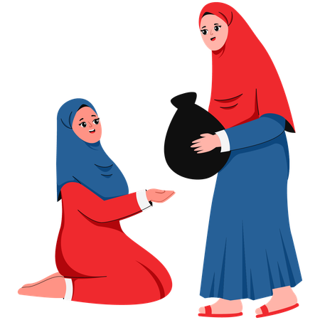 Muslimische Frau spendet Lebensmittel an Mädchen mit Hijab auf der Straße  Illustration