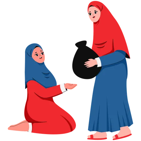 Muslimische Frau spendet Lebensmittel an Mädchen mit Hijab auf der Straße  Illustration
