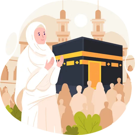 Islamisch Hajj Pilgrimage A Moslem Frau Tragt Ihram Kleidung Mit A Kaaba Hintergrund Vektor Abbildung In Flache Stil Illustration