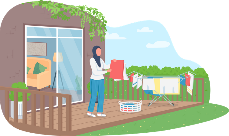 Muslimische Frau trocknet Kleidung  Illustration