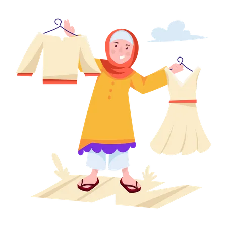 Muslimische Frau wählt Kleid  Illustration