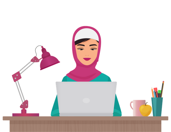 Muslimische Geschäftsfrau arbeitet am Laptop  Illustration