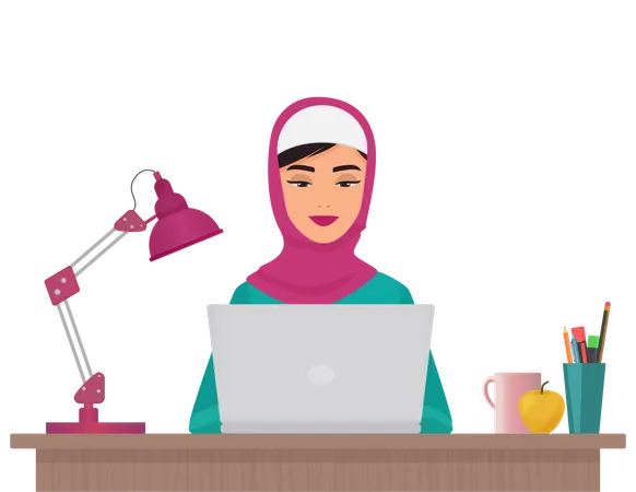 Muslimische Geschäftsfrau arbeitet am Laptop  Illustration