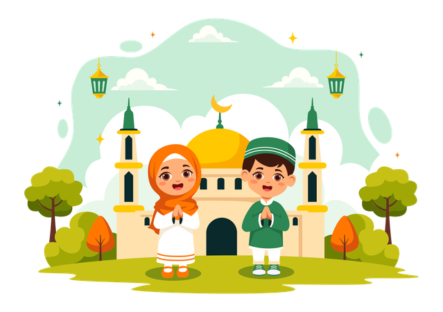 Muslimische Kinder feiern Eid Al-Fitr  Illustration