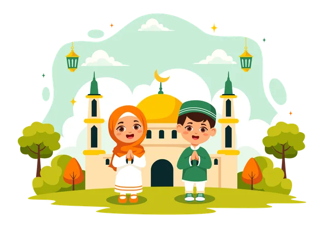 Muslimische Kinder feiern Eid Al-Fitr  Illustration