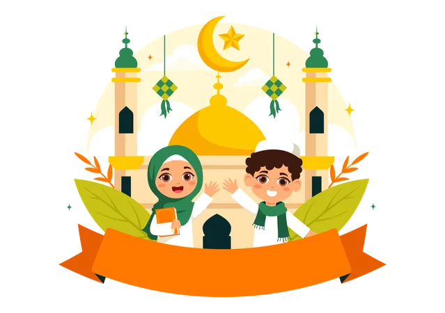 Muslimische Kinder feiern Eid Al-Fitr  Illustration