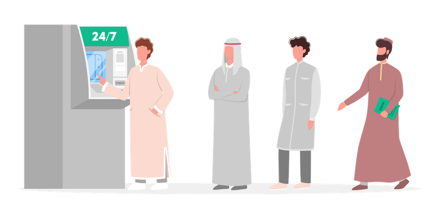 Muslimische Männer stehen in der Schlange vor einem Geldautomaten  Illustration