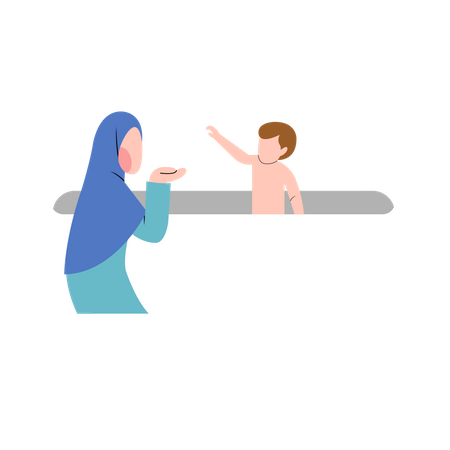 Muslimische Mutter badet ihr Kind  Illustration