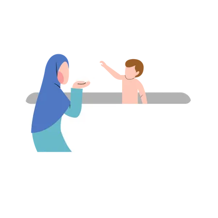 Muslimische Mutter badet ihr Kind  Illustration