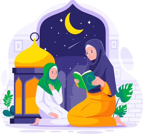 Muslimische Mutter bringt seiner Tochter das Lesen des Korans bei  Illustration