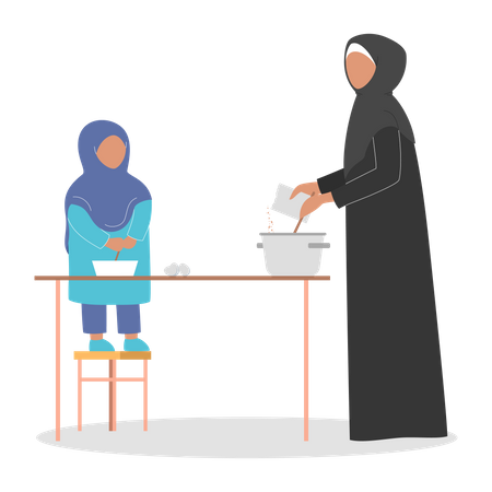 Muslimische Mutter kocht Essen mit Hilfe ihrer Tochter  Illustration