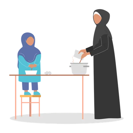 Muslimische Mutter kocht Essen mit Hilfe ihrer Tochter  Illustration