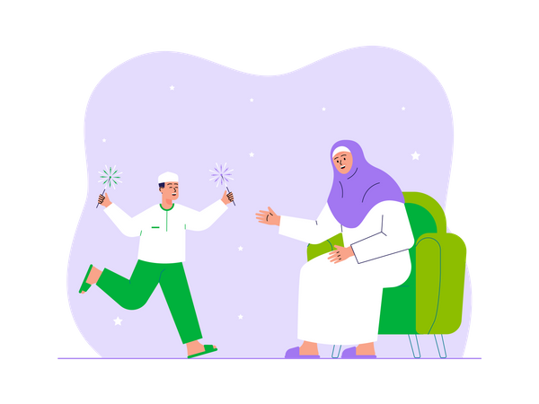 Muslimische Mutter und ihr Sohn feiern Ramadan Kareem  Illustration