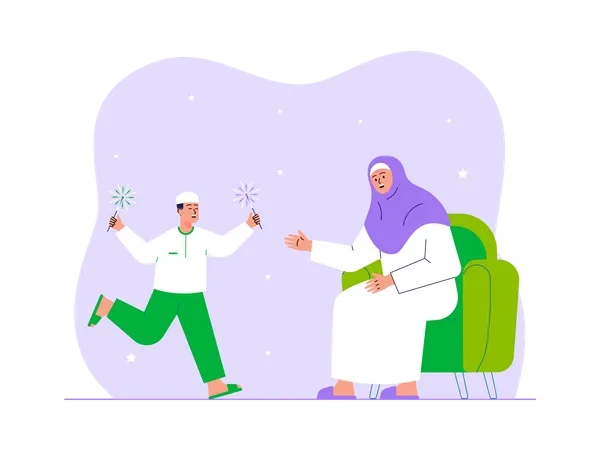 Muslimische Mutter und ihr Sohn feiern Ramadan Kareem  Illustration