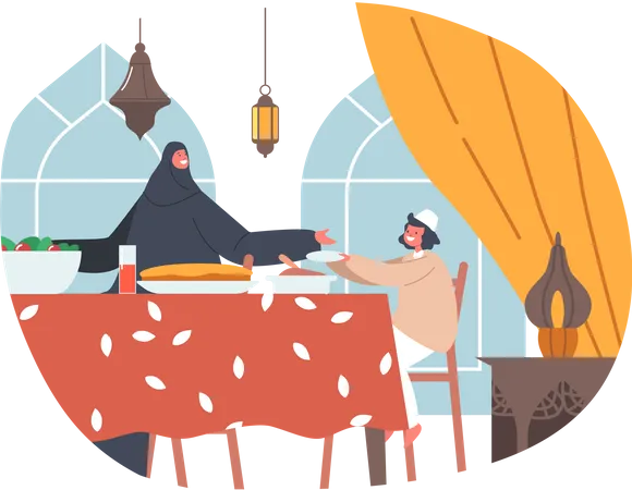 Muslimische Mutter und Sohn beim Abendessen  Illustration