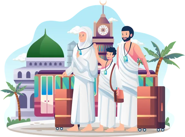 Muslimische Pilgerfamilie in Mekka eingetroffen, um den Hadsch zu vollziehen  Illustration